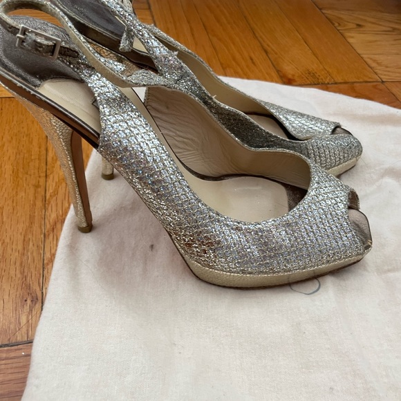 Jimmy Choo Silver/Gold Glitter and Leather Peep Toe Slingback Platform - Picture 4 of 6